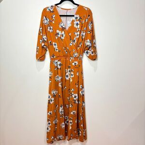 Garnet Hill Tan Brown Floral Midi Dress XS Jersey Faux Wrap V Neck Boho Teacher